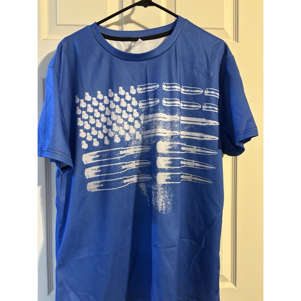 Mens Blue American Flag Bullet Grenade Graphic Performance T-Shirt XL Patriotic